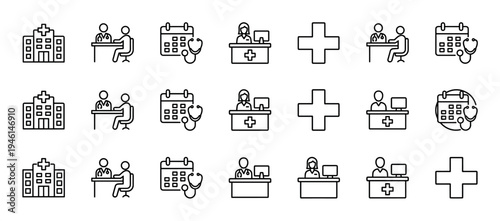 Set of minimalist black line icons for medical and healthcare themes, featuring a hospital, doctor consulting a patient, appointment calendar, receptionist, and a cross symbol