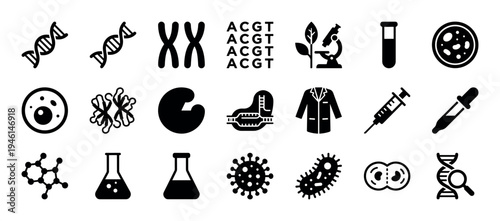 Black glyph icon set for science, biology, and genetics research, featuring symbols for DNA, chromosomes, cells, and laboratory equipment