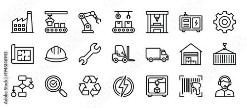 Set of black line icons for industry, manufacturing, and logistics, featuring a factory, robotic arm, conveyor belt, forklift, and supply chain symbols for business concepts