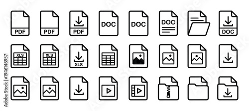Collection of black line art icons representing digital file formats and actions like download, document, spreadsheet, image, video, and compressed archive for user interface design