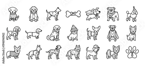 Large collection of cute dog illustrations shows various breeds like poodles, pugs, and huskies wearing fun costumes and clothes in a simple black and white line art style