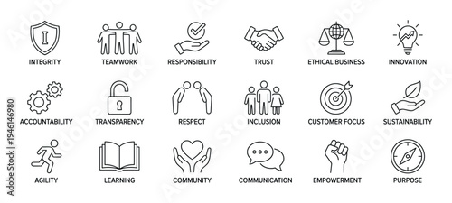 Set of business core values icons representing concepts like integrity, teamwork, responsibility, and trust, presented in a clean, minimalist black and white line art style for corporate communication