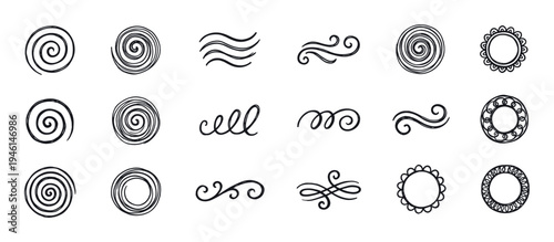 Collection of hand-drawn black doodle elements featuring various spirals, swirls, flourishes, and decorative circular frames in a minimalist, sketchy, hand-drawn illustration style