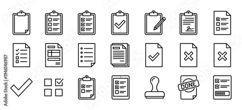 Large collection of black outline icons representing checklists, documents, forms, and surveys with symbols like checkmarks, stamps, and signatures for business concepts