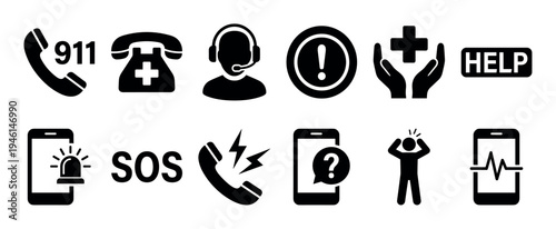 Collection of black emergency service icons representing help, support, and urgent communication, featuring symbols for 911 calls, medical assistance, SOS, and crisis hotlines