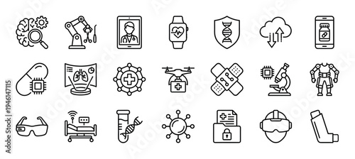 Medical technology and healthcare innovation line icons set featuring concepts like telemedicine, robotics, AI, and biotechnology in a simple black and white vector outline style