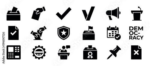 Collection of black glyph icons representing election, voting, and democracy concepts like a ballot box, checkmark, podium, and megaphone in a flat minimalist vector style