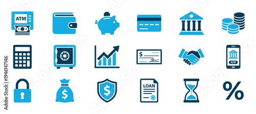 Collection of blue and black finance icons representing banking, money, and investment concepts like an ATM, credit card, piggy bank, and loan in a flat design style
