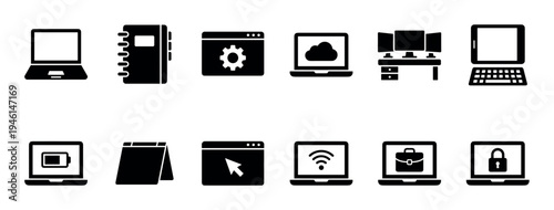 Black silhouette technology and office related icons are neatly arranged, featuring modern glyph designs representing computing, productivity, internet, and security concepts in a clean