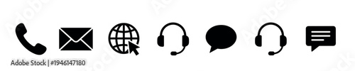 Set of black communication contact icons including a phone, email, website, headset, and chat symbols for customer service and support, presented in a minimalist flat style