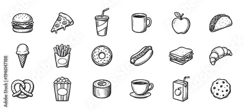 Large set of hand-drawn food and drink icons in a black and white doodle style, featuring various fast food, snacks, and beverages like burgers, pizza, and coffee