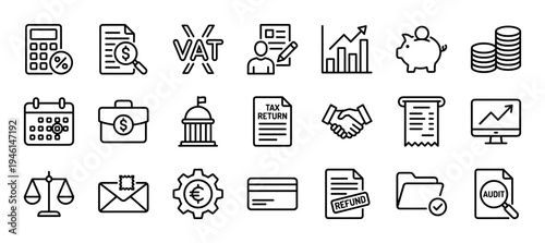 Collection of black line art icons representing finance, accounting, and tax concepts like audit, refund, VAT, and investment, presented as a minimalist vector symbol set for business