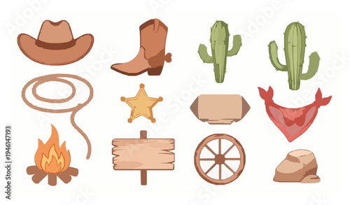 Cute watercolor wild west cowboy cartoon clip art set with desert western objects isolated on white