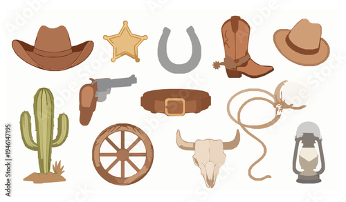 Watercolor cowboy western cartoon elements set with hat boots lasso cactus and sheriff symbols isolated
