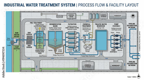 Industrial water treatment system process flow and facility layout diagram.