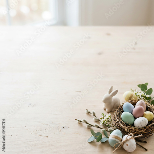 Easter Spring Background With Pastel Eggs and Copy Space