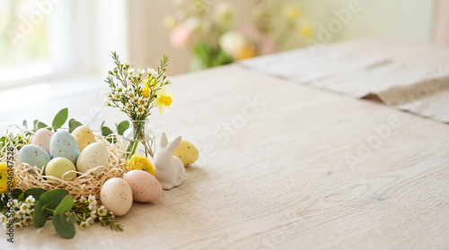 Easter Spring Background With Pastel Eggs and Copy Space