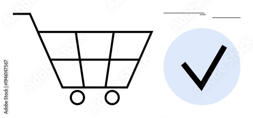 Outline of a shopping cart next to a blue circle with a bold checkmark, symbolizing successful purchase, approval, e-commerce, online shopping, retail, transaction, and minimalistic marketing