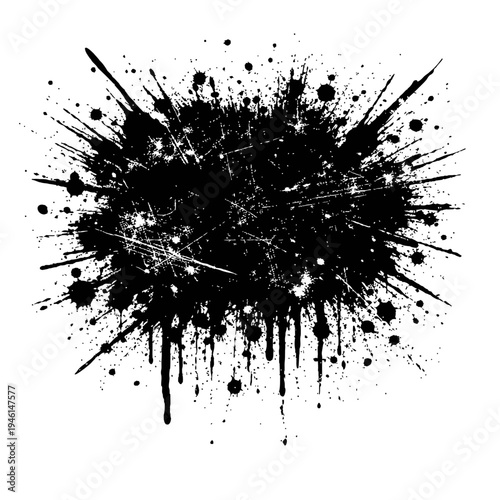 Black ink splatter with white scratches on white background, abstract artistic expression