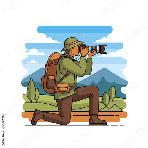 Cartoon hunter with a binocular and a bag vector illustration