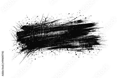 Black brush stroke with splatters on white background, abstract art design element, creative texture