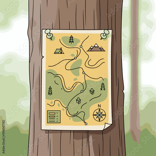 Vintage vector illustration of a window frame looking into a forest garden scene in retro paper art style