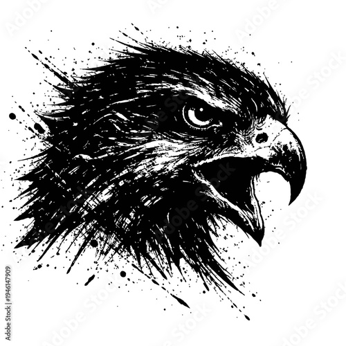 A black and white illustration of an eagle's head with paint splatters on a white background, showcasing its sharp beak and intense gaze.