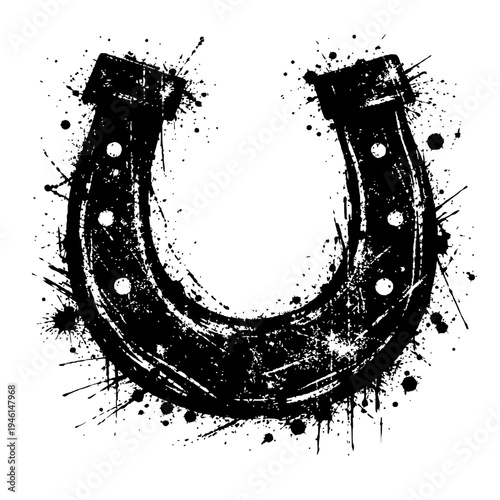A black horseshoe with paint splatters on a white background, symbolizing good luck and fortune.