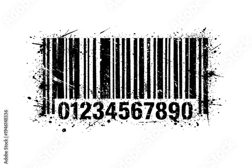 A black and white image of a barcode with the numbers 01234567890, grungy and distressed with splatters