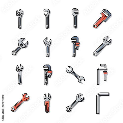 Comprehensive Set of Sixteen Flat Wrench and Plumbing Tool Icons for Mechanical Repair and DIY Home Improvement Projects