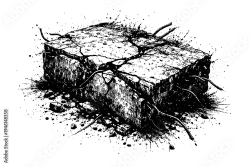 A black and white illustration of a cracked concrete block with roots growing through it on a white background.