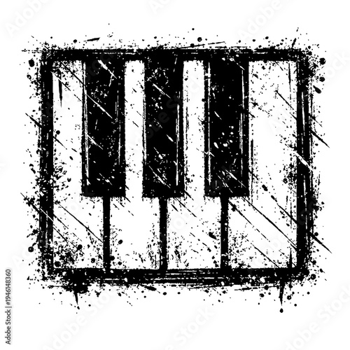 Grunge piano keyboard illustration with ink splatters and scratches on white background