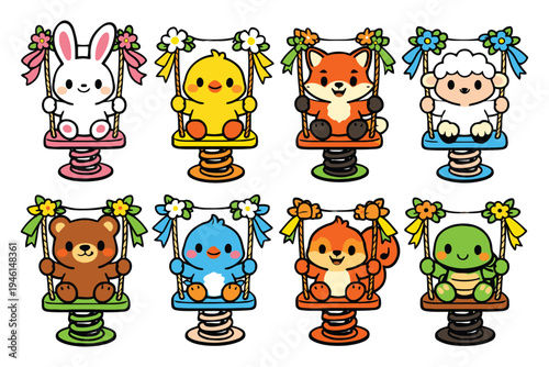 A collection of cute cartoon animals sitting on individual spring riders decorated with flowers