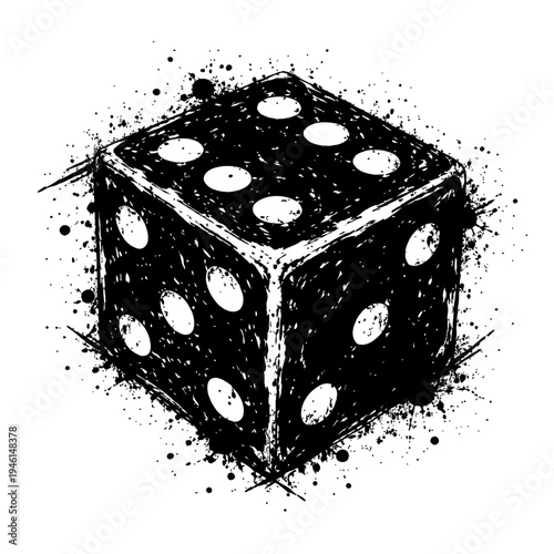 Black and white illustration of a single dice with paint splatters on a clean background for design and gaming use