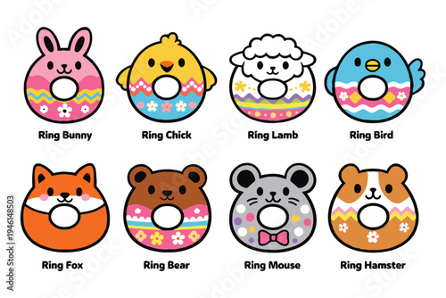 A collection of eight colorful animal themed donut illustrations featuring cute cartoon creatures