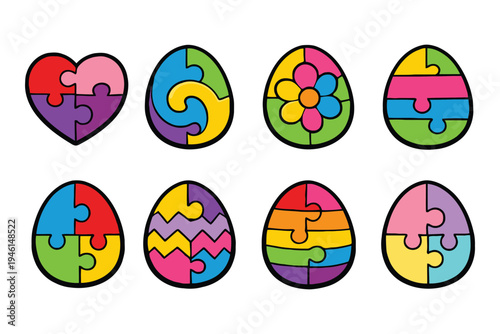 A collection of colorful easter eggs and a heart shape designed as jigsaw puzzle pieces icons