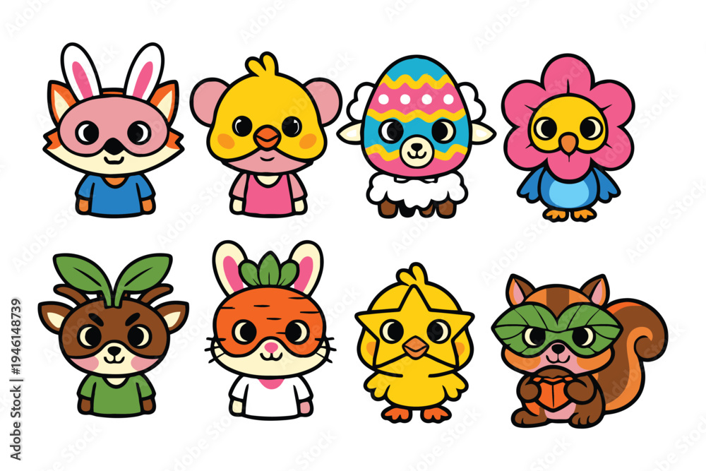 Obraz premium A collection of cute cartoon animal characters wearing various creative and colorful masks and hats