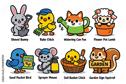 A collection of cute cartoon animals engaged in various gardening activities for spring planting