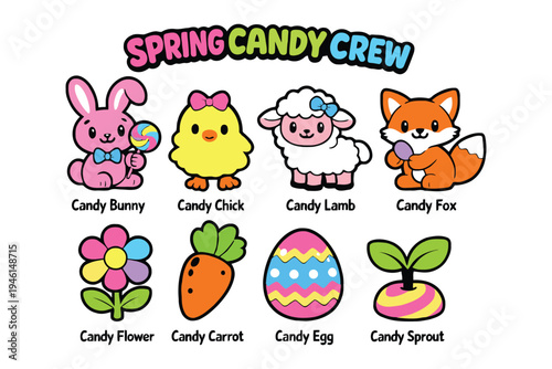 A collection of cute spring candy crew characters featuring animals and festive easter objects