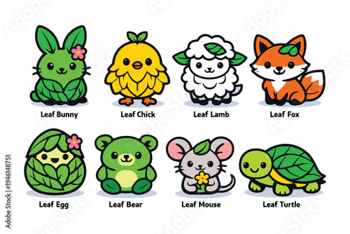A collection of cute cartoon animals and nature inspired characters with leaf themed elements