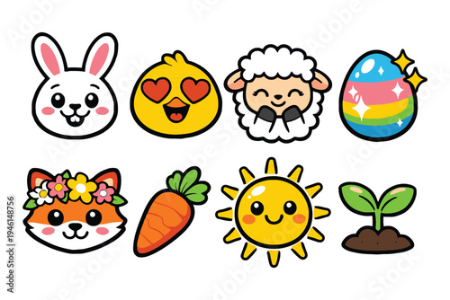 A collection of cute spring themed vector icons featuring animals and seasonal nature elements