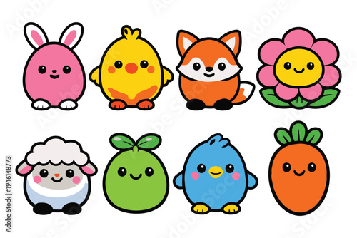 A collection of cute and colorful cartoon characters featuring animals plants and a happy flower