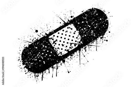 Black and white grunge style illustration of a single band aid with paint splatters on a white background for medical or health themed designs