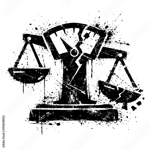 Black grunge style illustration of oil pump jack and scales on white background, symbolizing justice and energy balance.