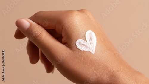 手の甲にハート形のクリームが塗られている様子。スキンケアや美容のイメージ素材。