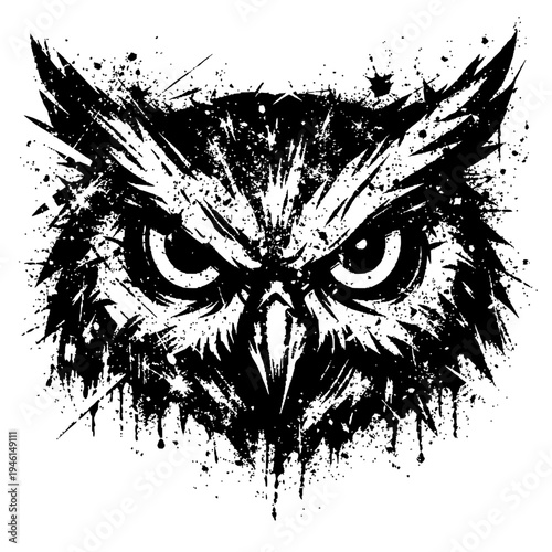 A black and white illustration of an owl's face with a grunge effect, featuring intense eyes and a sharp beak on a white background.