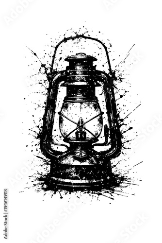 Vintage kerosene lantern with paint splatter effect on white background