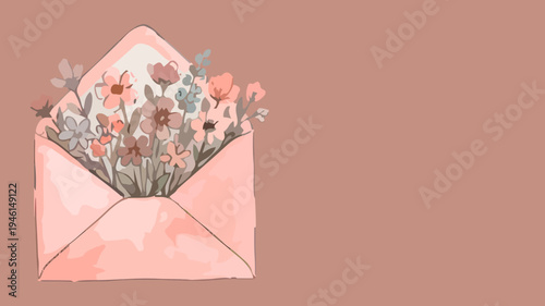 Floral background with butterflies and flowers surrounding a pink love envelope and heart letter illustration for a romantic message card design