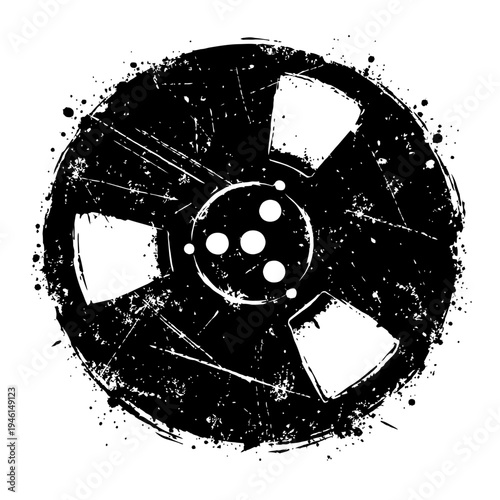 Black and white film reel icon with grunge effect and paint splatters on white background for video and movie concepts
