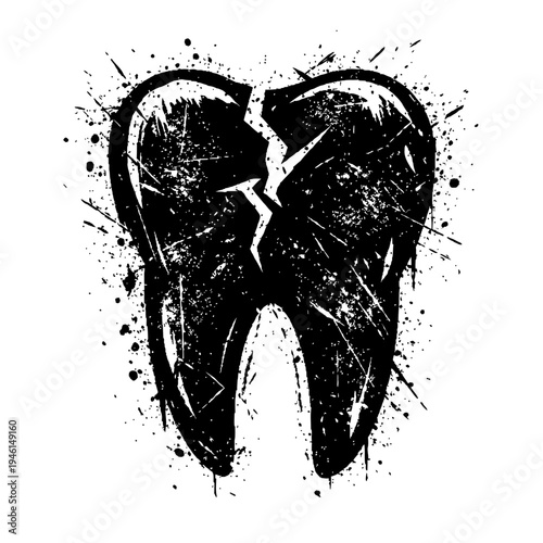 Black and white illustration of a cracked tooth with grunge effect, dental concept